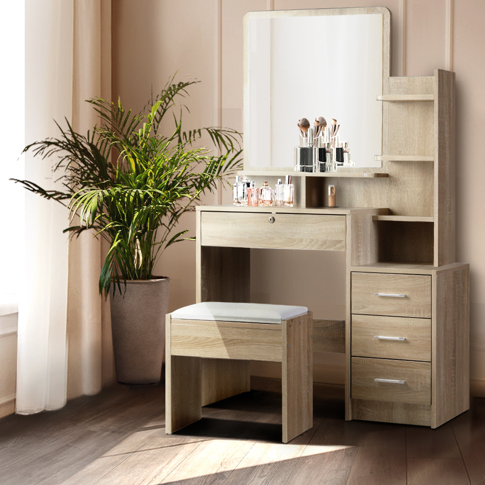 Mirrored Dressing Table and Stool Set Vanity Makeup Desk Organizer - Oak - Homecoze