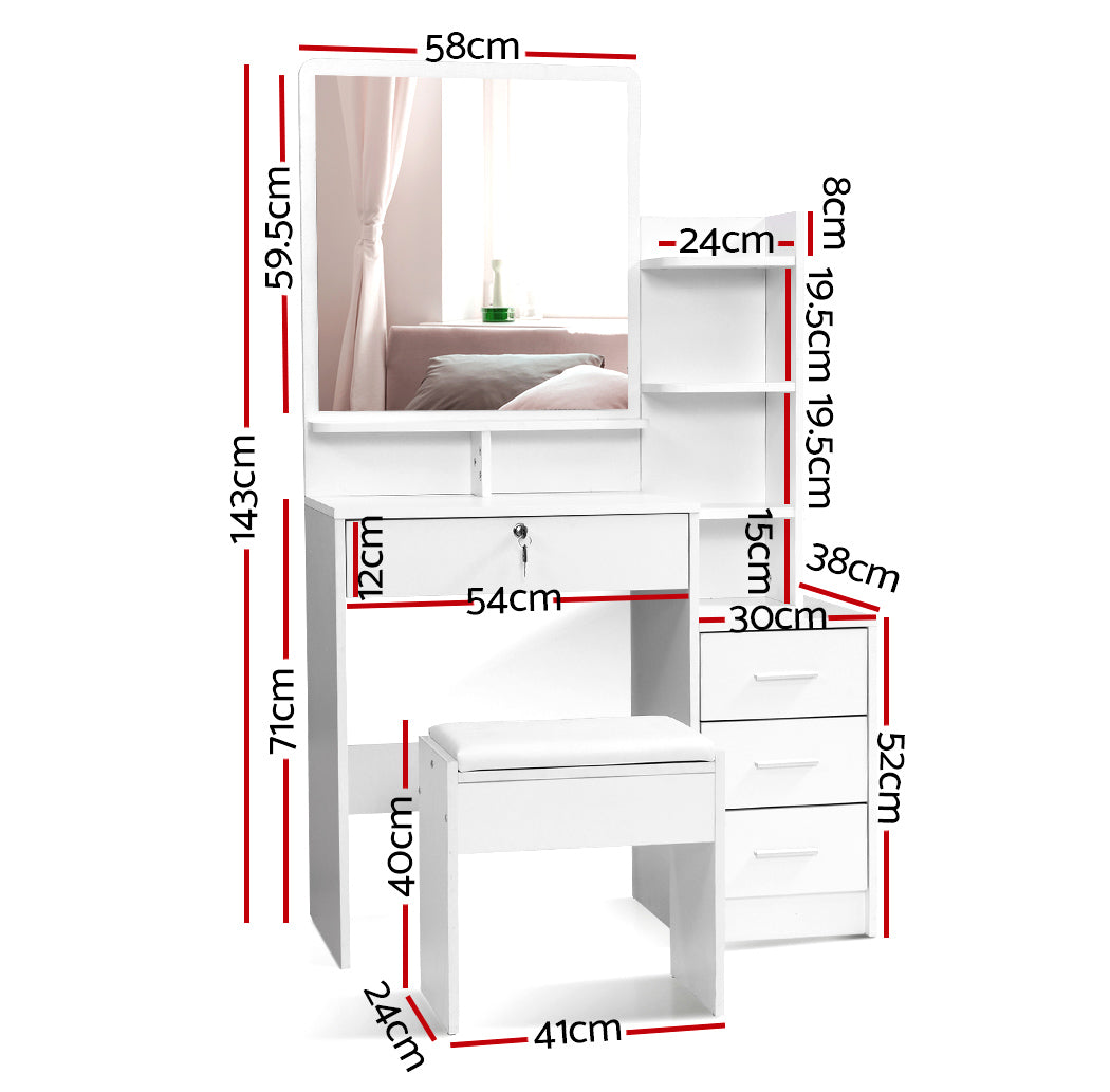 Dressing Table Storage Unit with Lockable Drawer & Stool - White - Homecoze