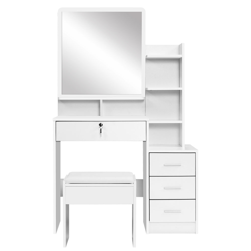 Dressing Table Storage Unit with Lockable Drawer & Stool - White - Homecoze