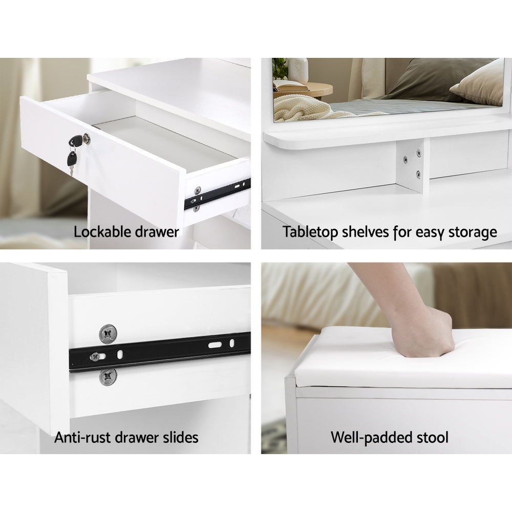 Dressing Table Storage Unit with Lockable Drawer & Stool - White - Homecoze