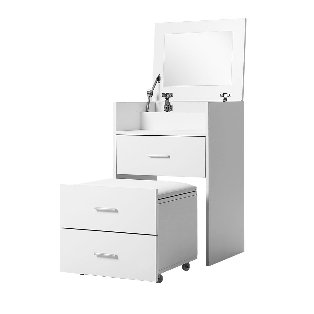 Compact 2-in-1 Dressing Bedside Table Hidden Mini Makeup Mirror with Storage Drawers Stool - Homecoze