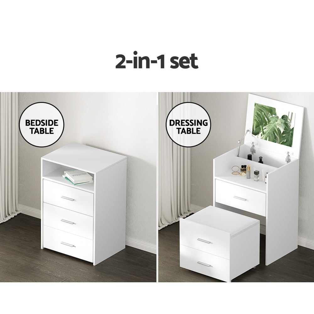 Compact 2-in-1 Dressing Bedside Table Hidden Mini Makeup Mirror with Storage Drawers Stool - Homecoze