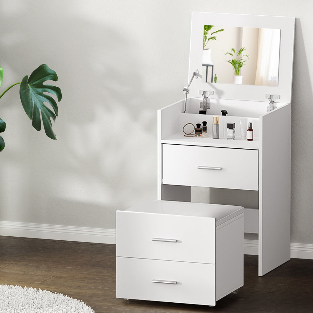 Compact 2-in-1 Dressing Bedside Table Hidden Mini Makeup Mirror with Storage Drawers Stool - Homecoze