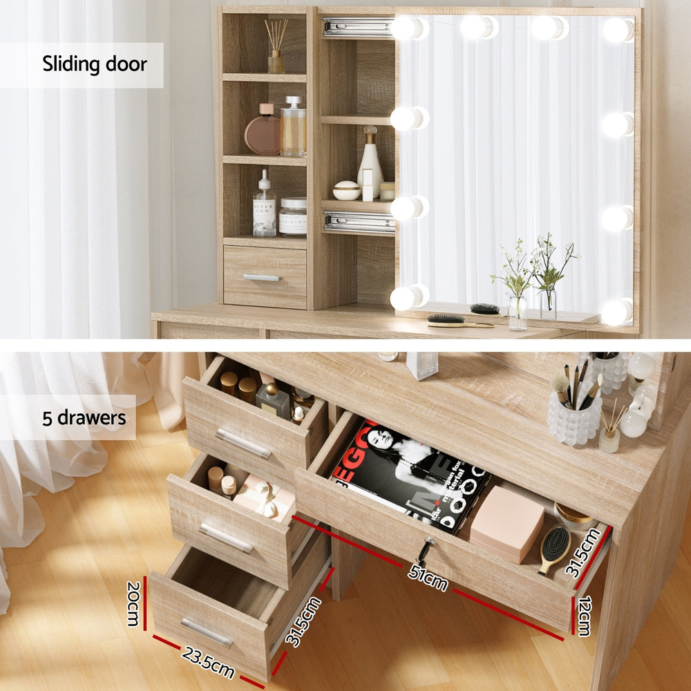 Artiss Dressing Table Set Stool 10 Led Bulbs Wood - Homecoze
