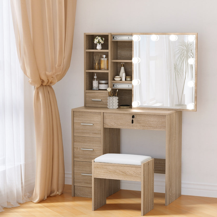 Artiss Dressing Table Set Stool 10 Led Bulbs Wood - Homecoze