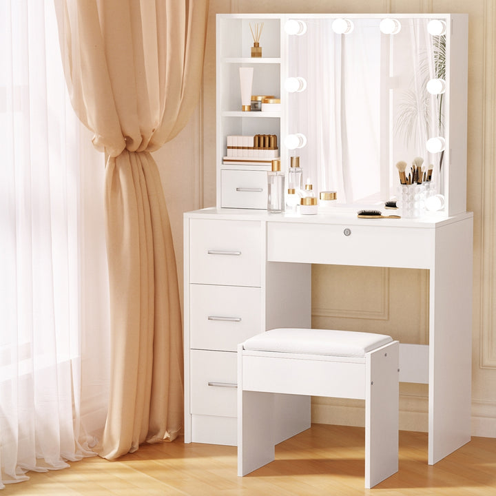 Compact Dressing Table with Stool & LED Hollywood Mirror - White