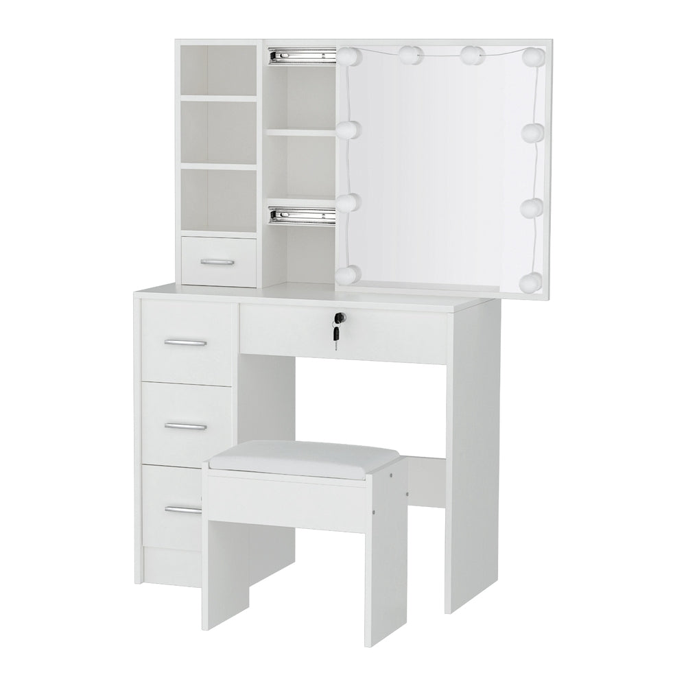 Compact Dressing Table with Stool & LED Hollywood Mirror - White - Homecoze