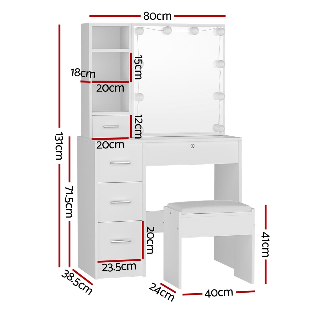 Compact Dressing Table with Stool & LED Hollywood Mirror - White - Homecoze