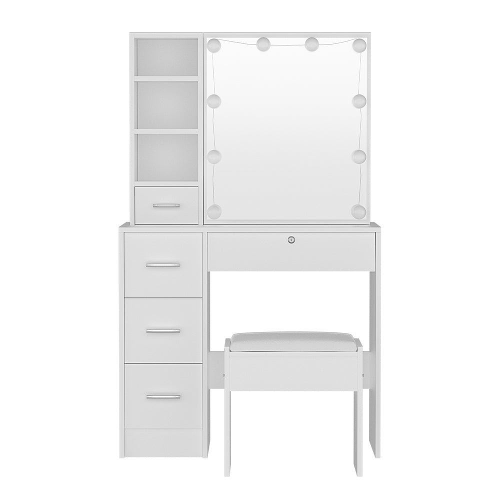 Compact Dressing Table with Stool & LED Hollywood Mirror - White - Homecoze