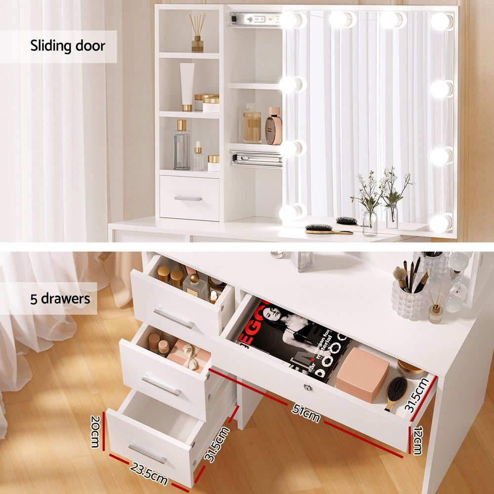 Compact Dressing Table with Stool & LED Hollywood Mirror - White - Homecoze