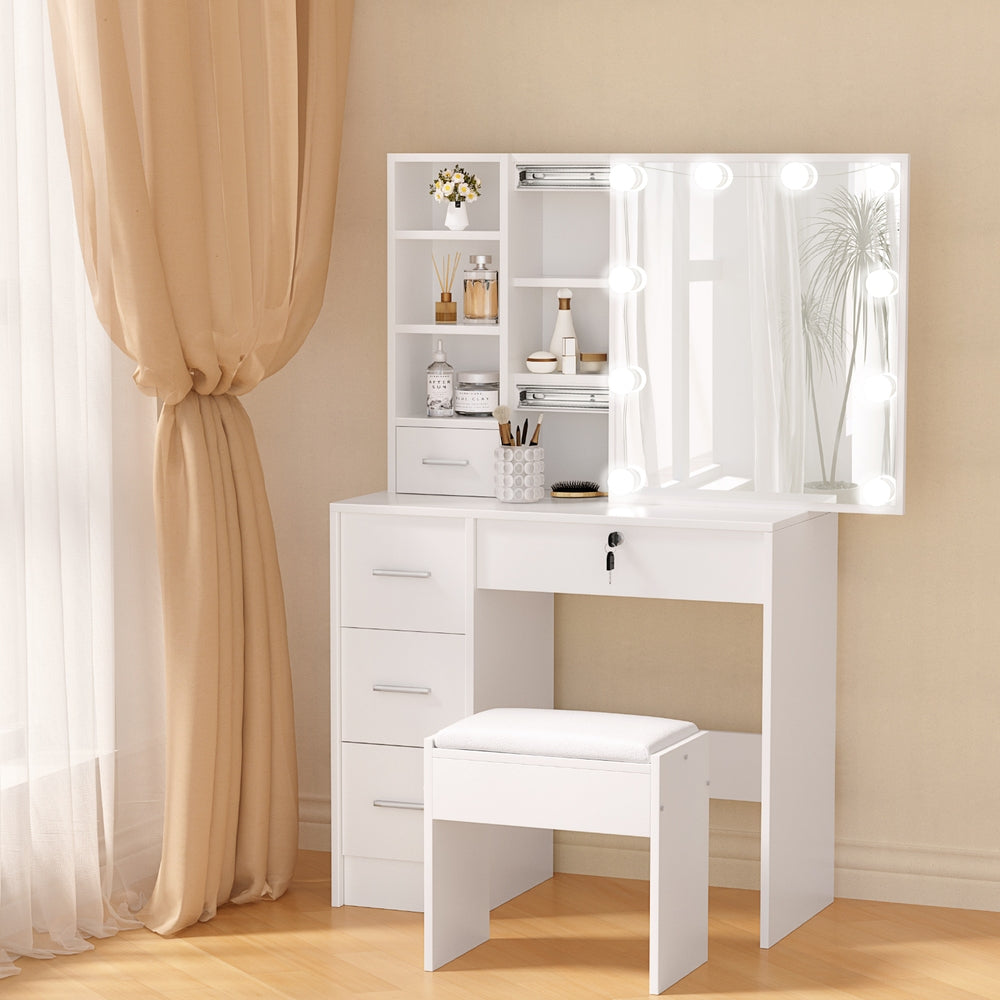 Compact Dressing Table with Stool & LED Hollywood Mirror - White - Homecoze