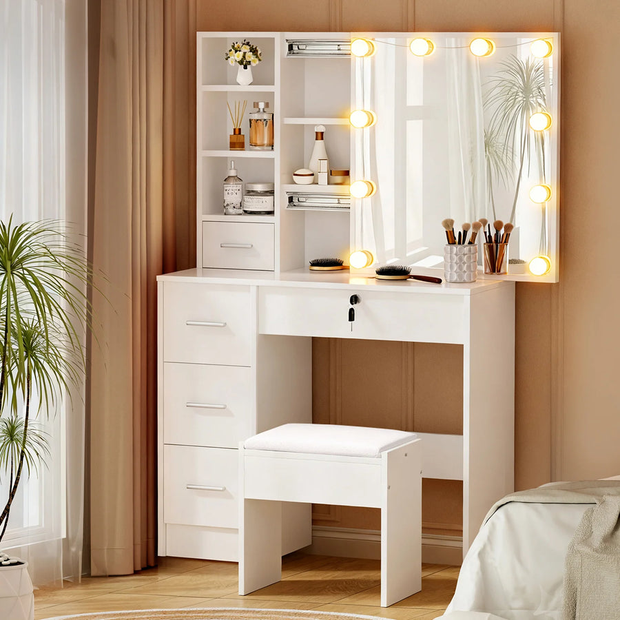Camilla LED Dressing Table & Stool – White - Homecoze