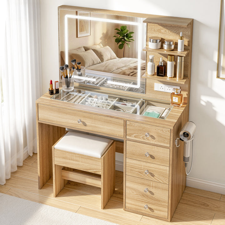 Dressing Table Vanity Set with LED Mirror - Oak