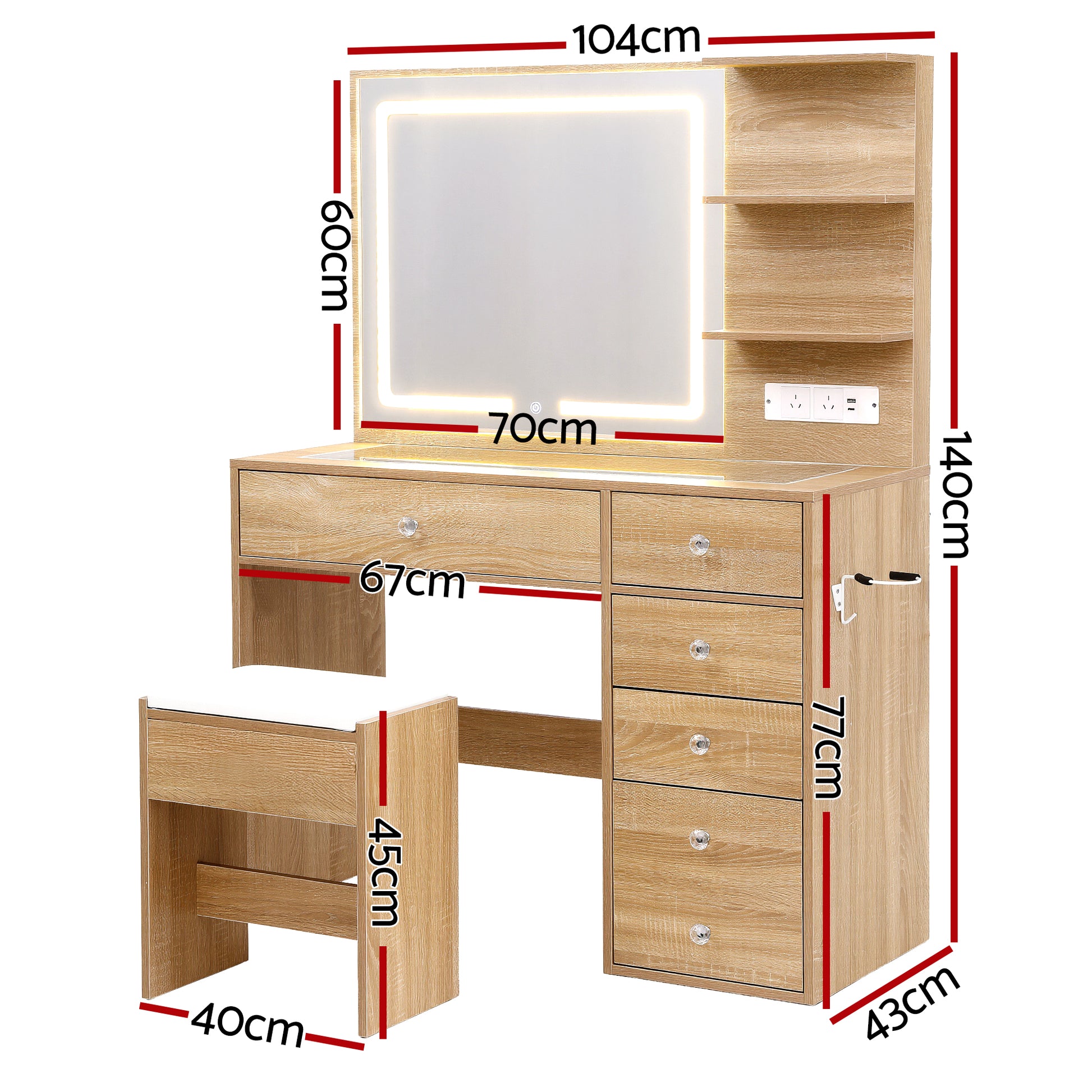 Dressing Table Vanity Set with LED Mirror - Oak - Homecoze