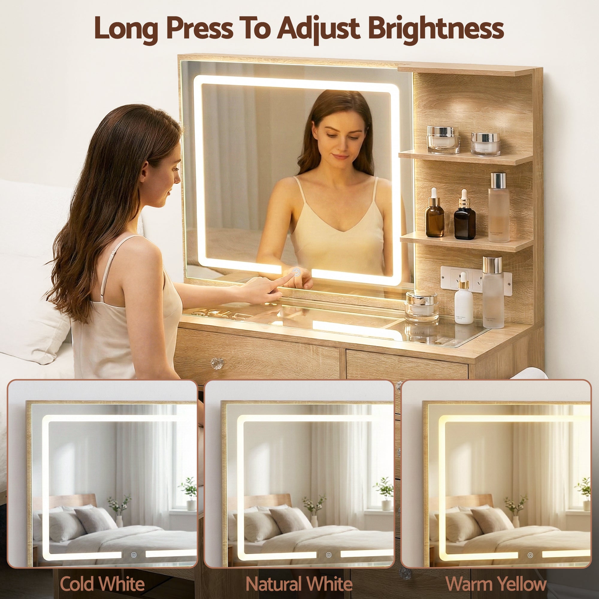 Dressing Table Vanity Set with LED Mirror - Oak - Homecoze