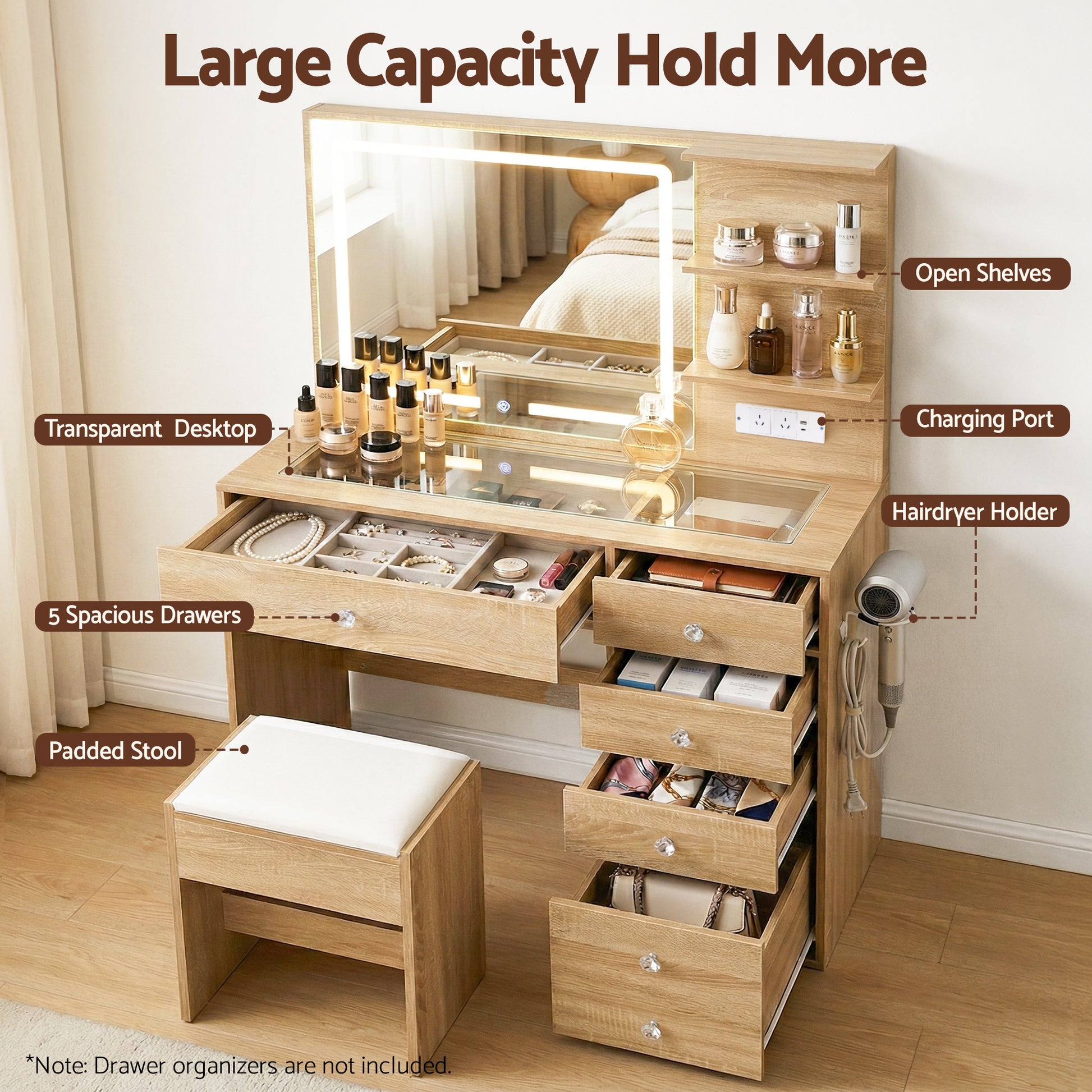 Dressing Table Vanity Set with LED Mirror - Oak - Homecoze