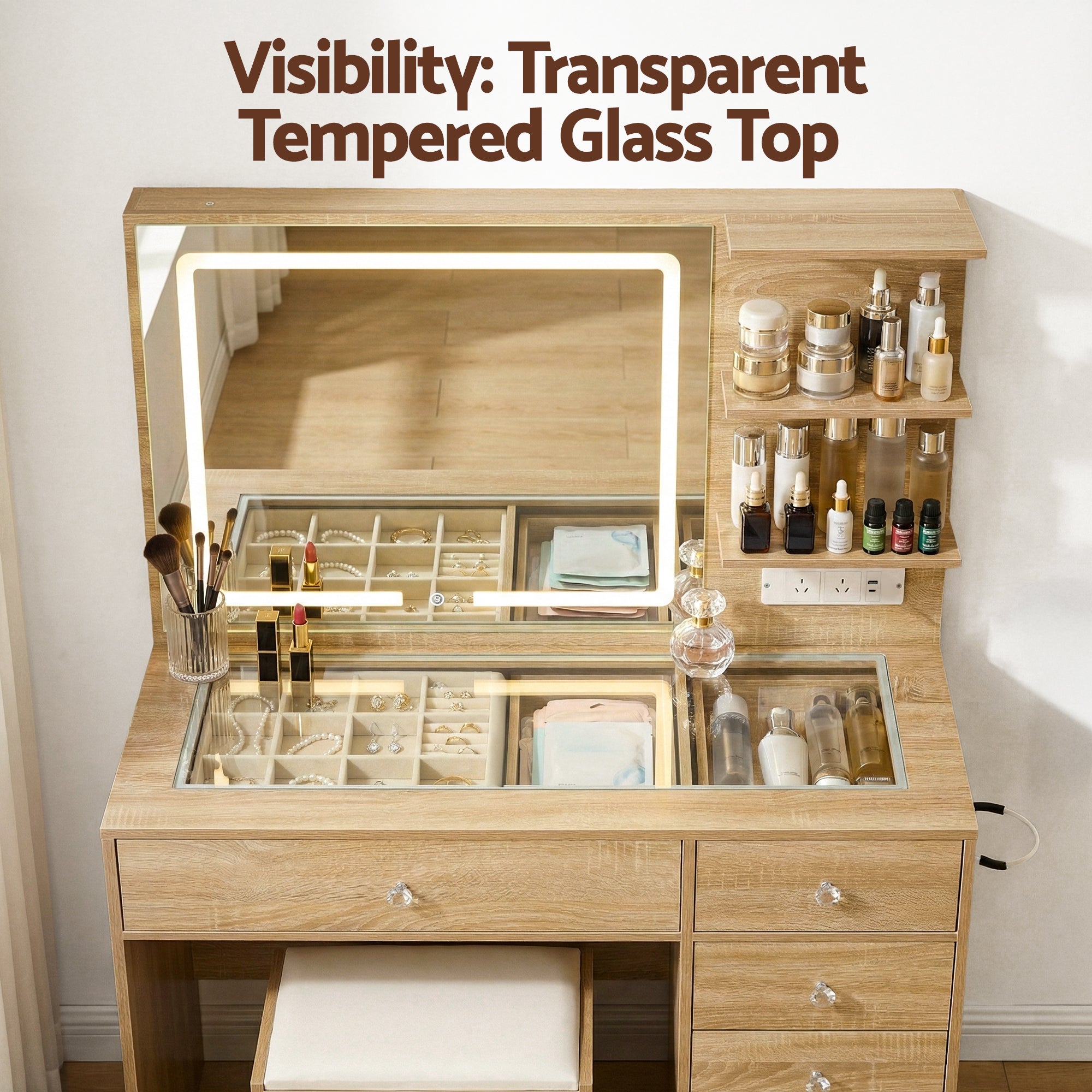 Dressing Table Vanity Set with LED Mirror - Oak - Homecoze