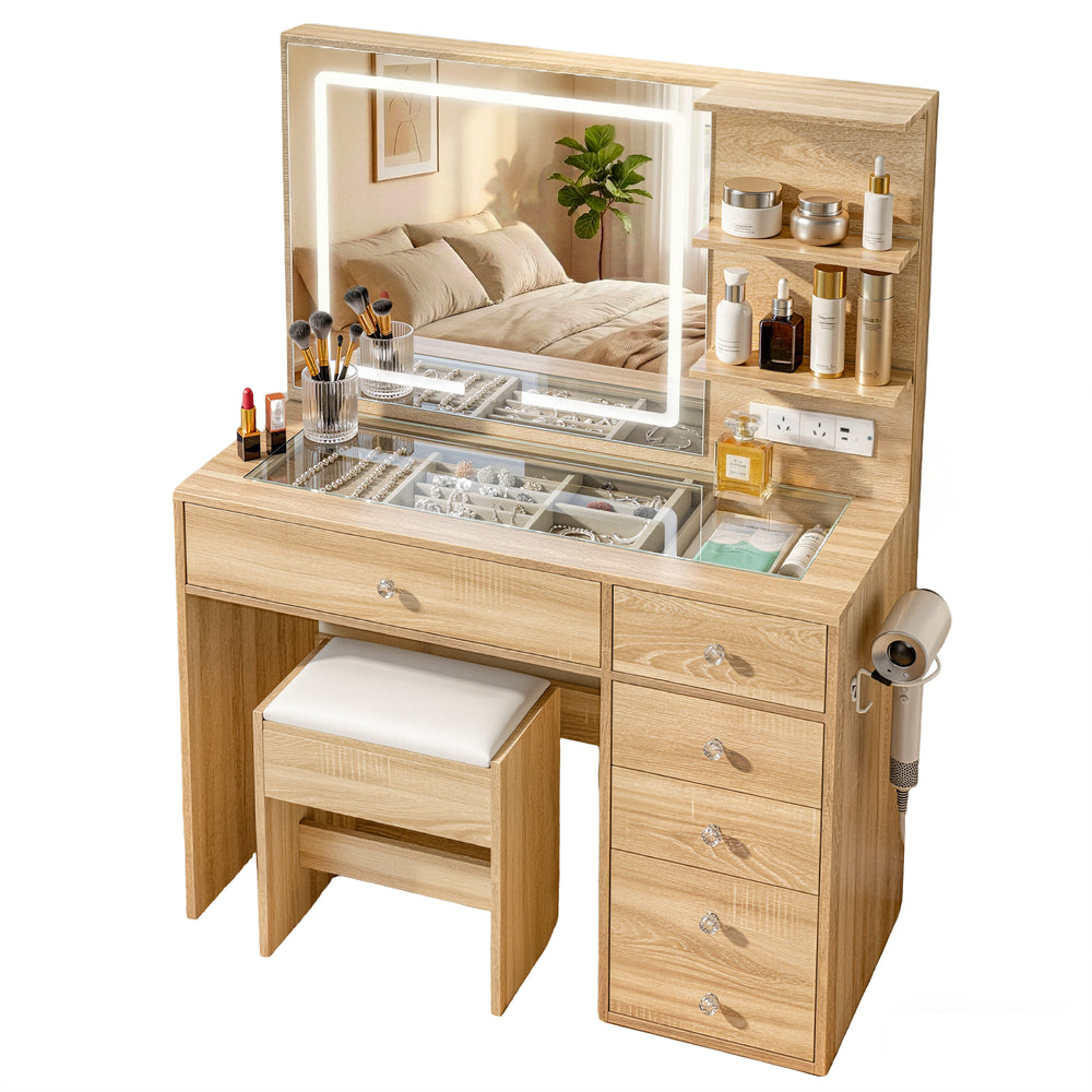 Dressing Table Vanity Set with LED Mirror - Oak - Homecoze