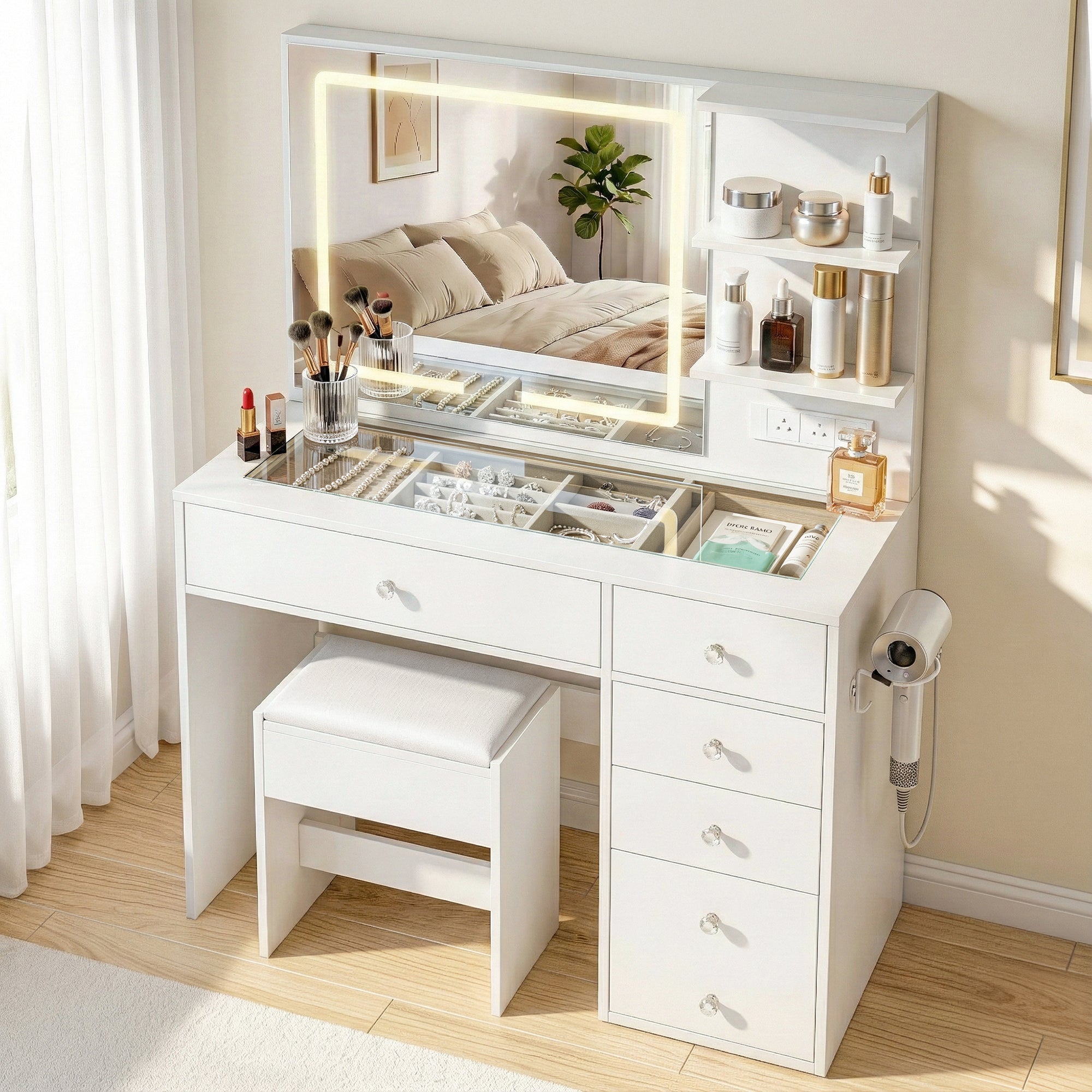 Dressing Table Vanity Set with LED Mirror - White - Homecoze