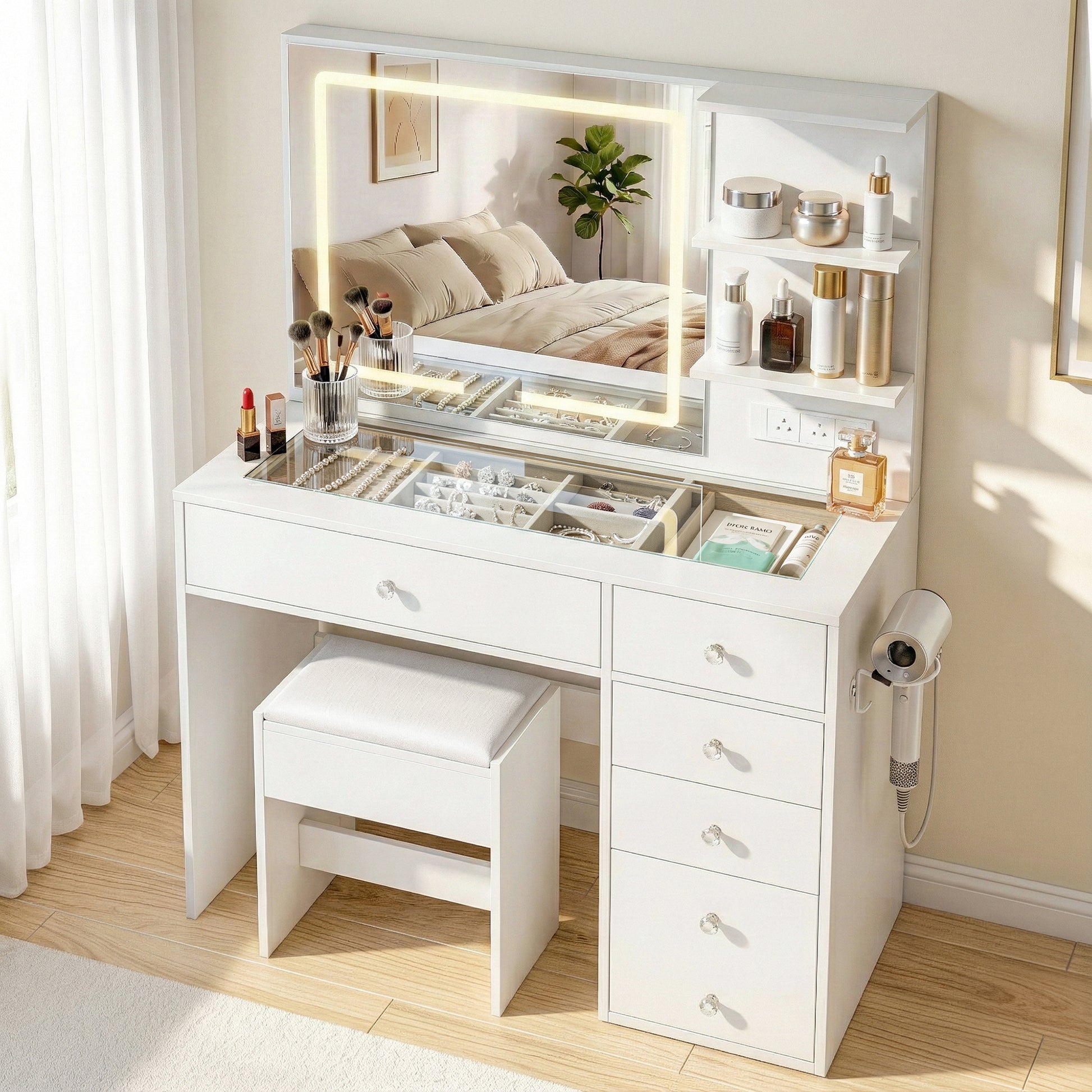Dressing Table Vanity Set with LED Mirror - White - Homecoze