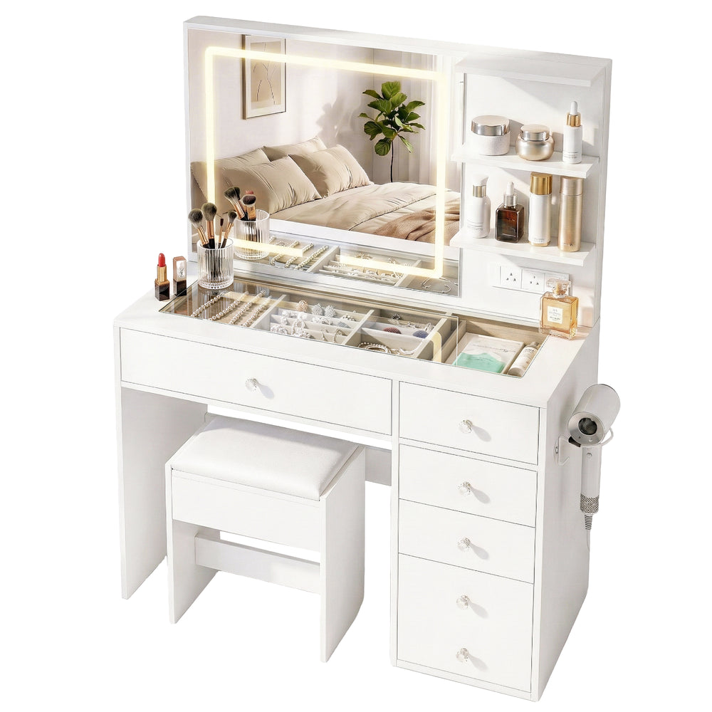 Dressing Table Vanity Set with LED Mirror - White - Homecoze