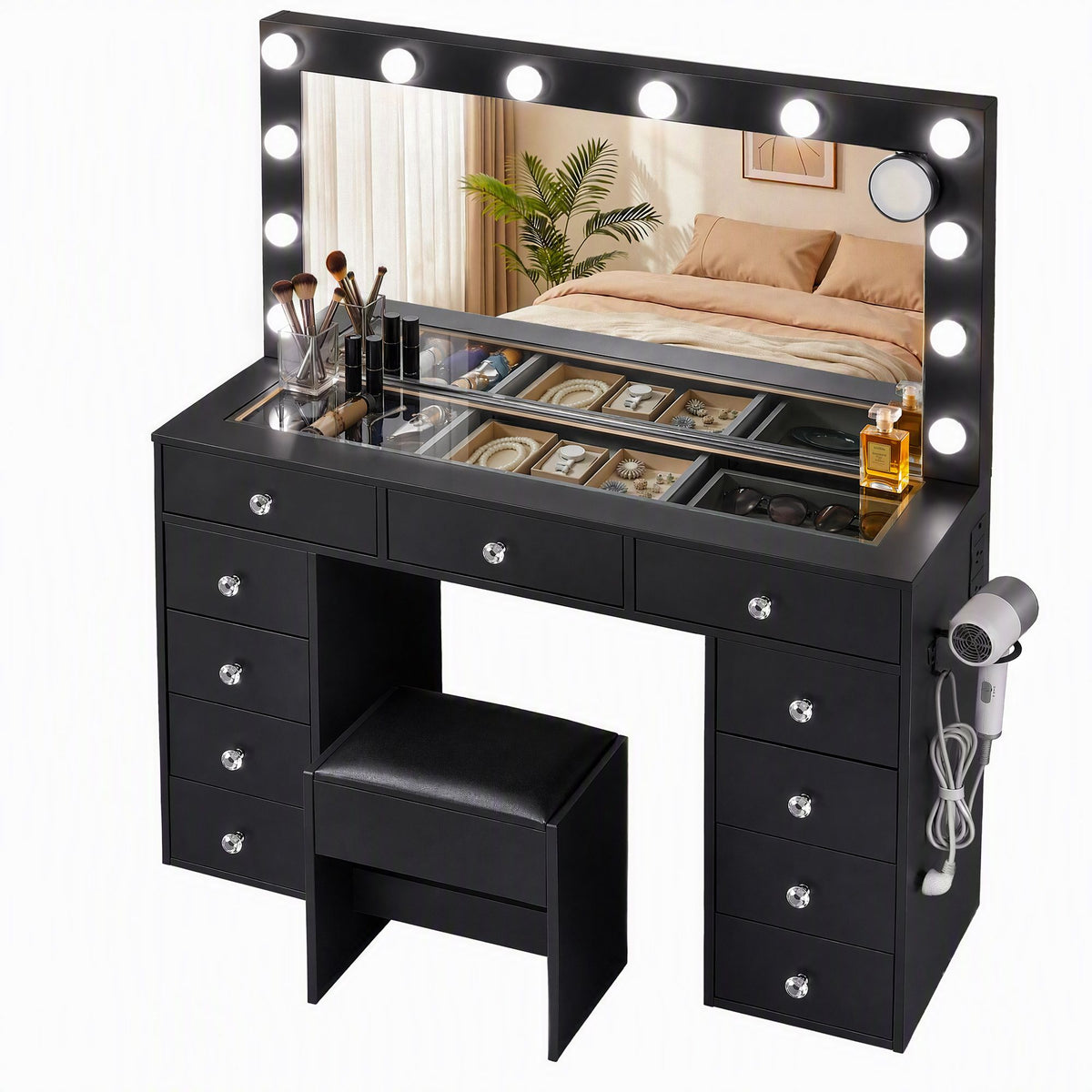 Rosella LED Dressing Table & Stool – Black
