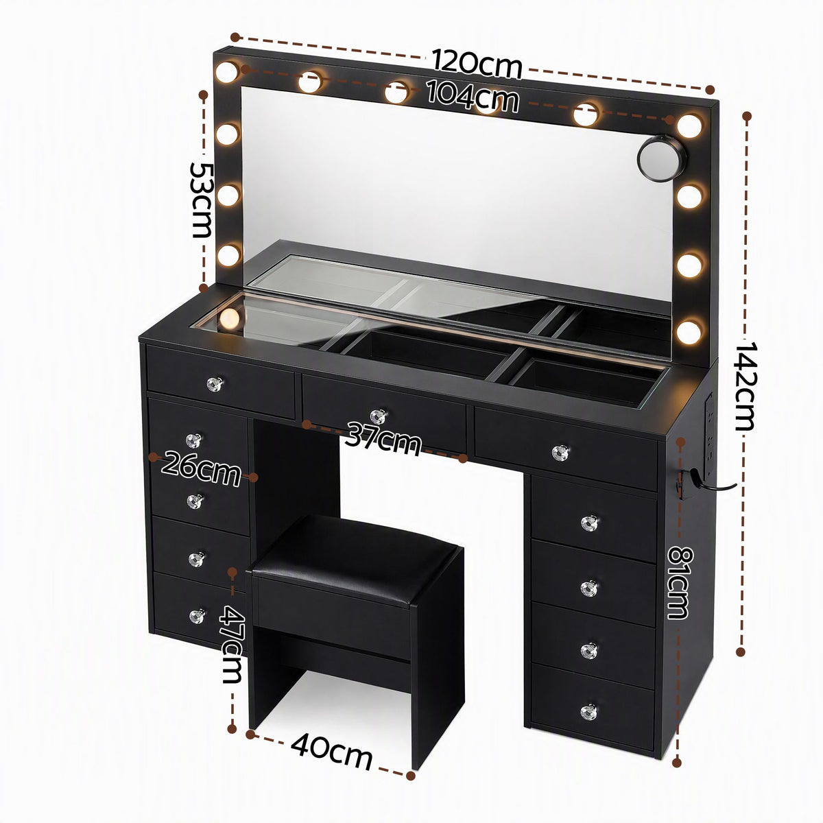 Rosella LED Dressing Table & Stool – Black