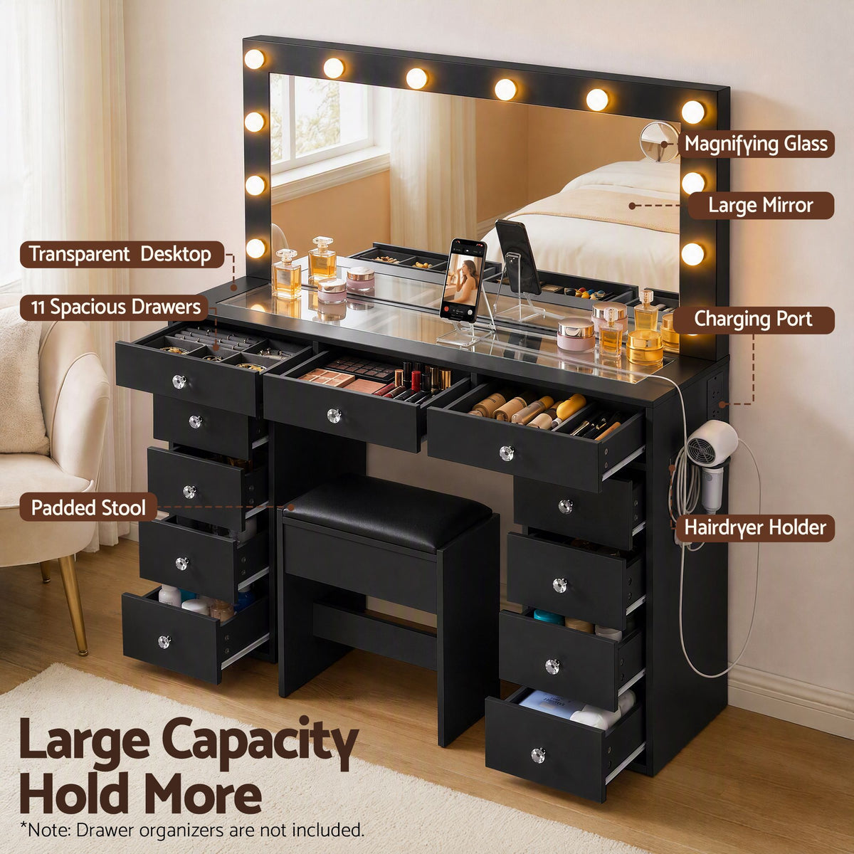Rosella LED Dressing Table & Stool – Black