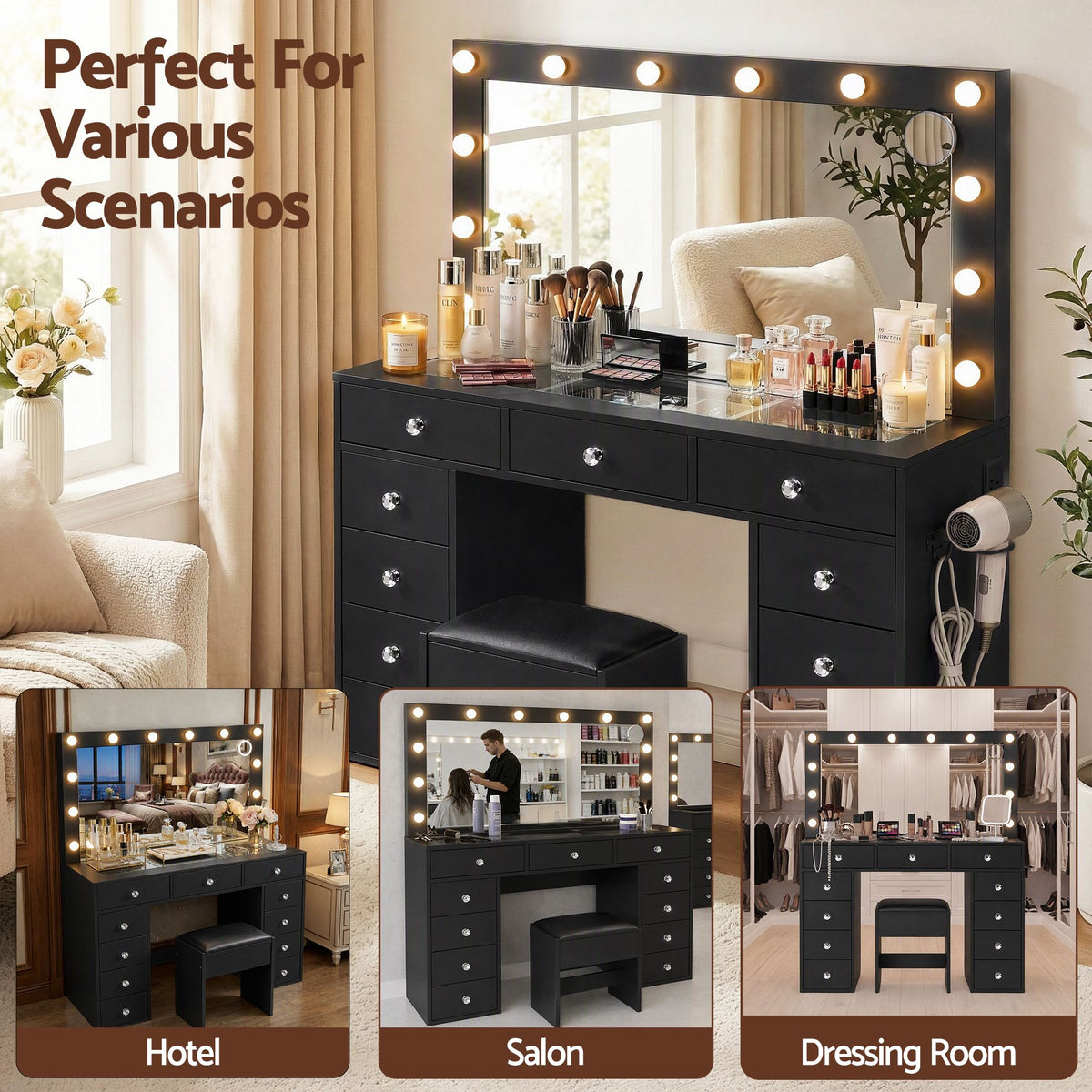 Rosella LED Dressing Table & Stool – Black