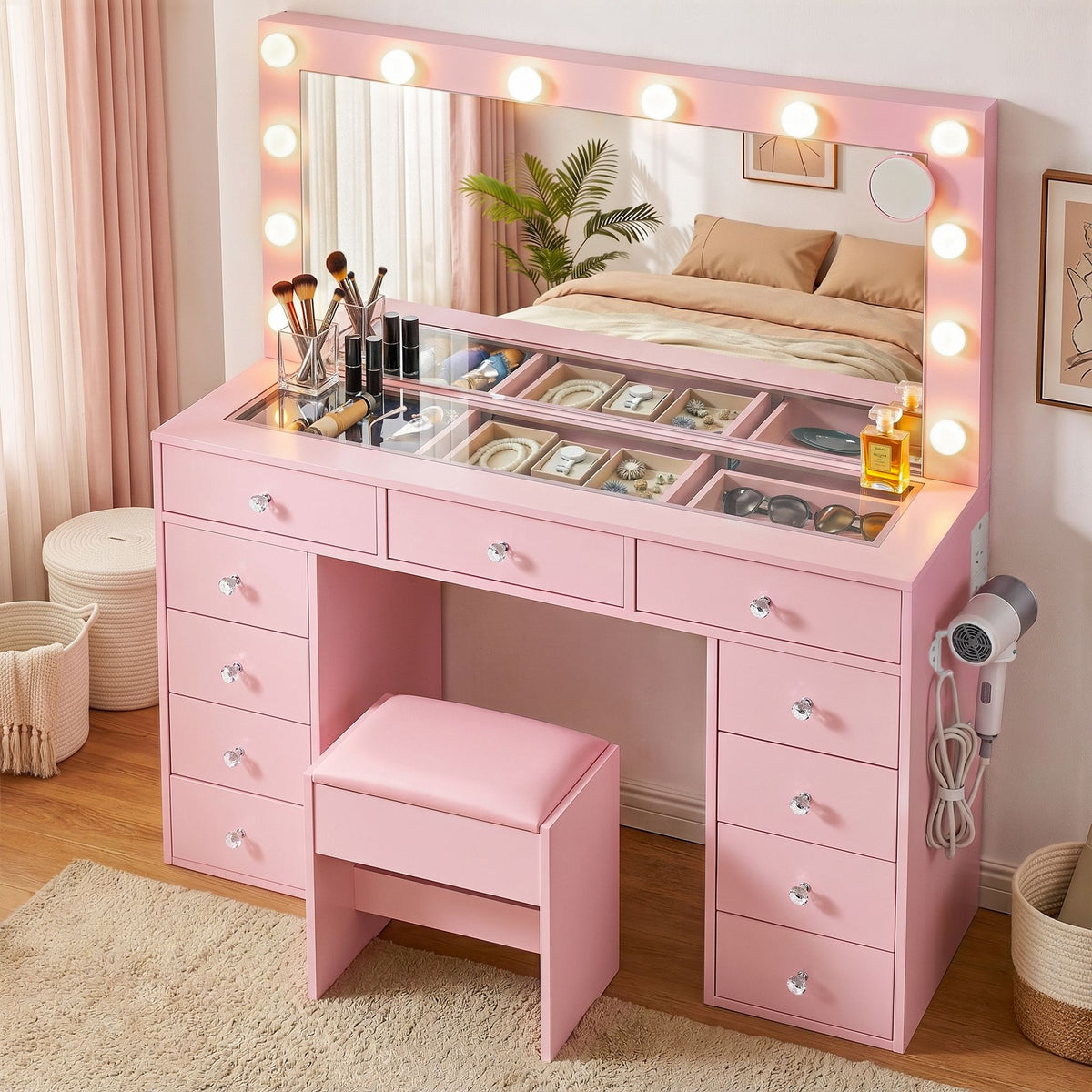 Rosella LED Dressing Table & Stool – Pink
