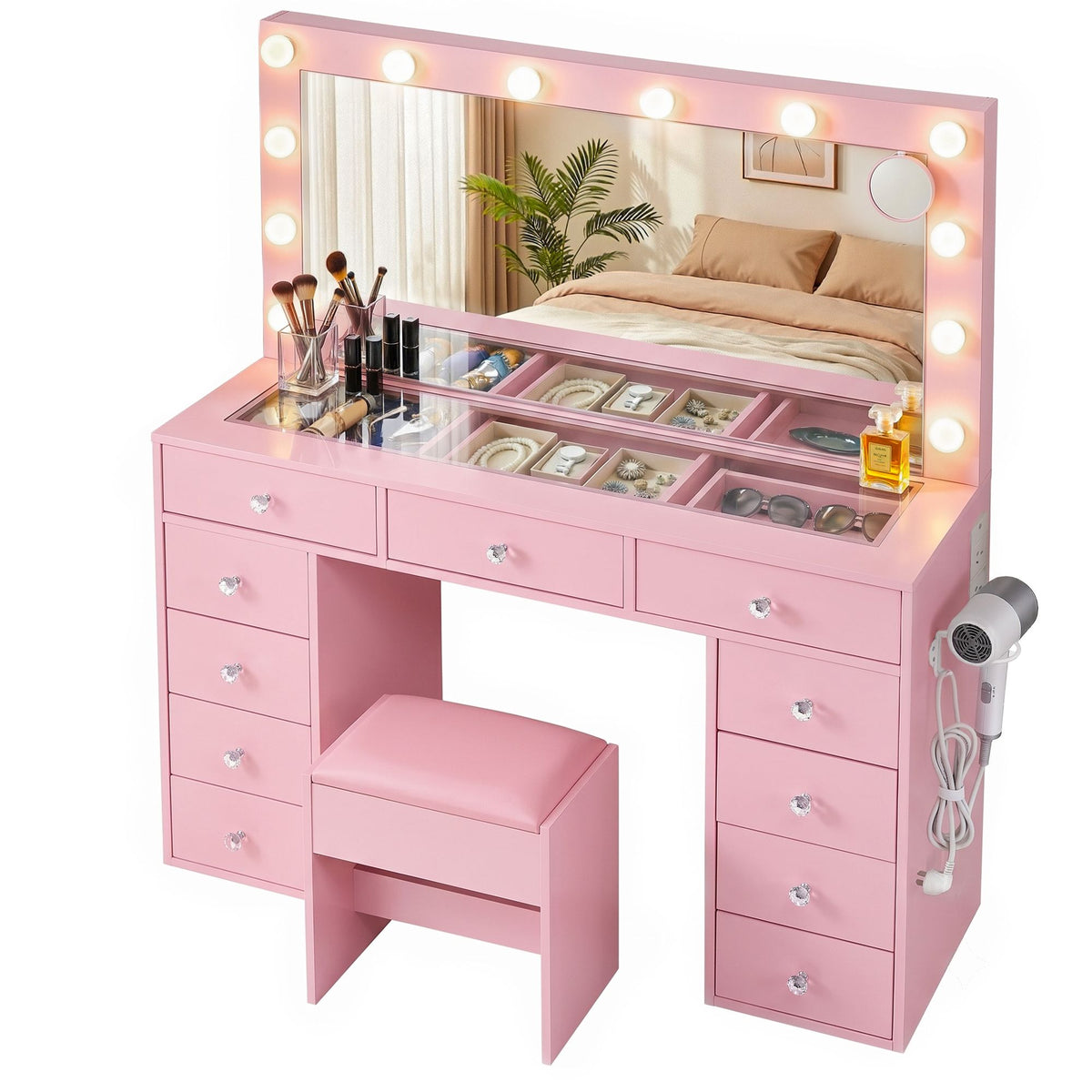 Rosella LED Dressing Table & Stool – Pink