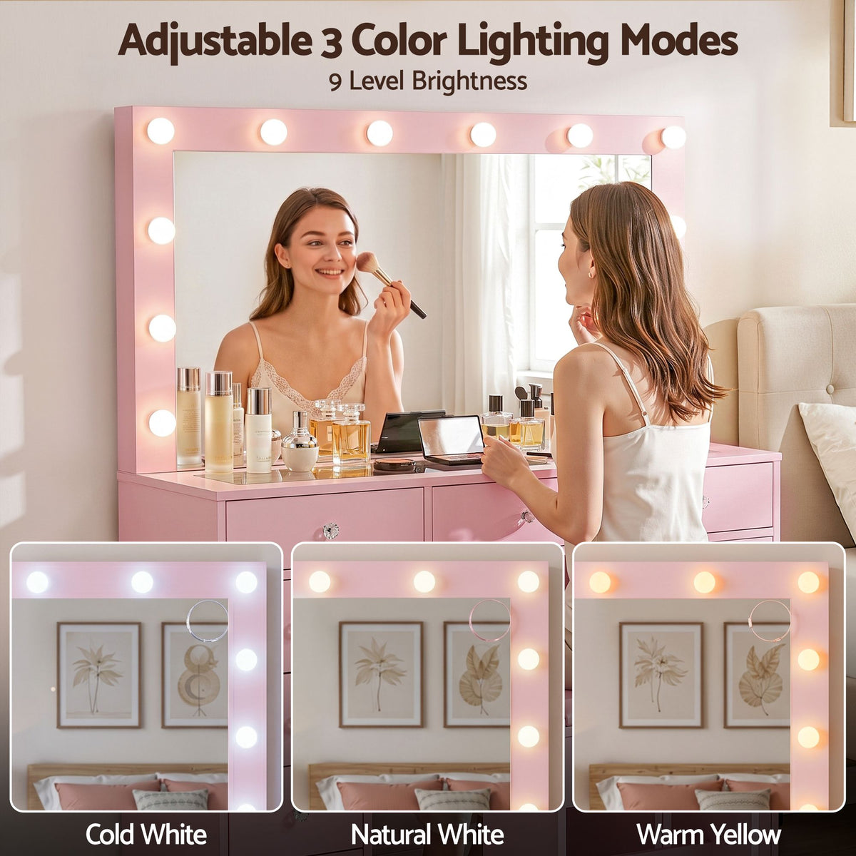Rosella LED Dressing Table & Stool – Pink