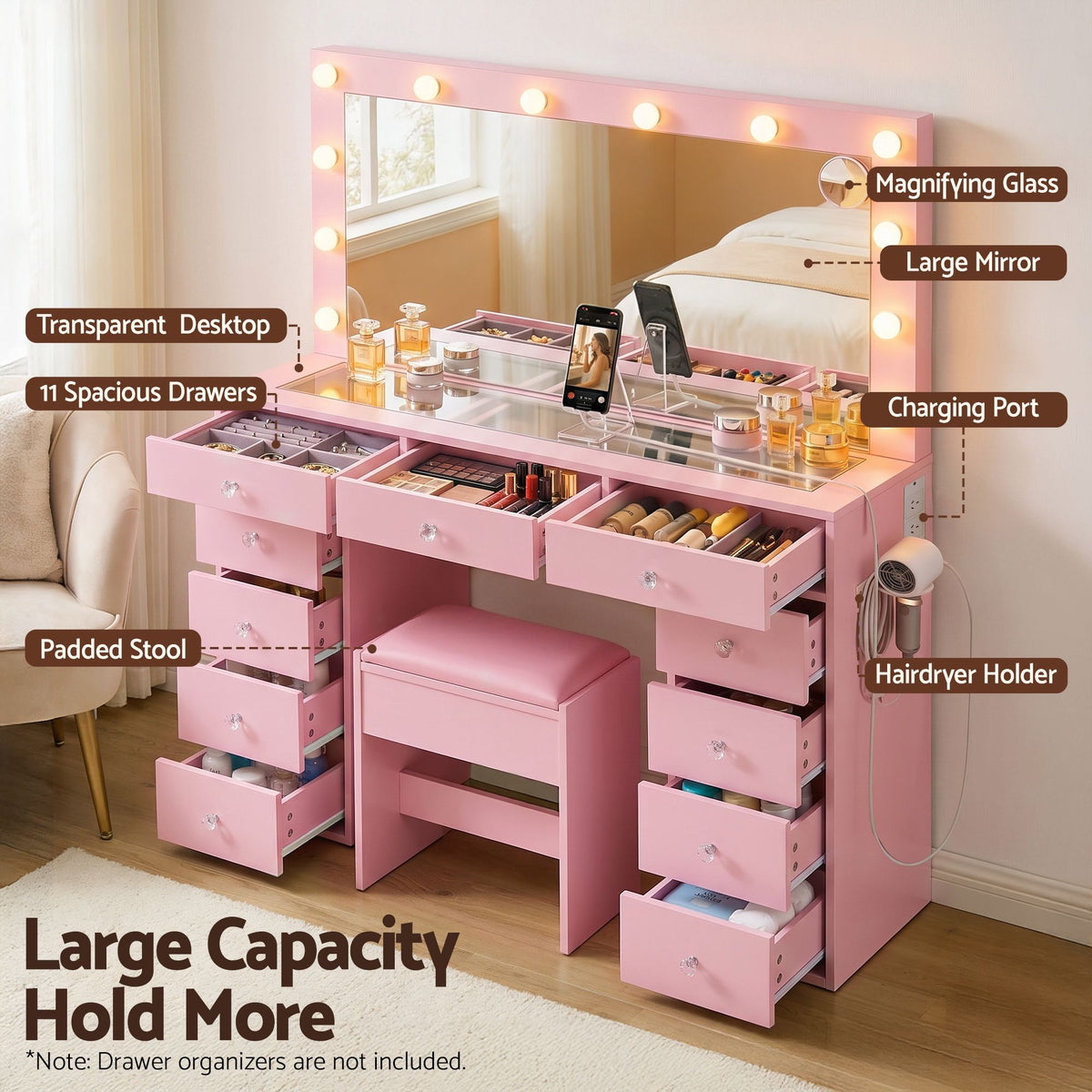 Rosella LED Dressing Table & Stool – Pink
