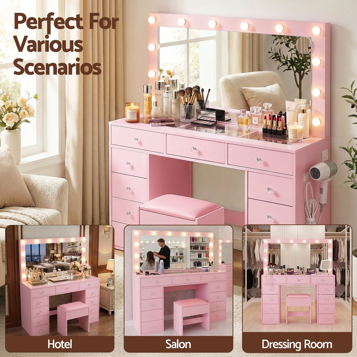 Rosella LED Dressing Table & Stool – Pink