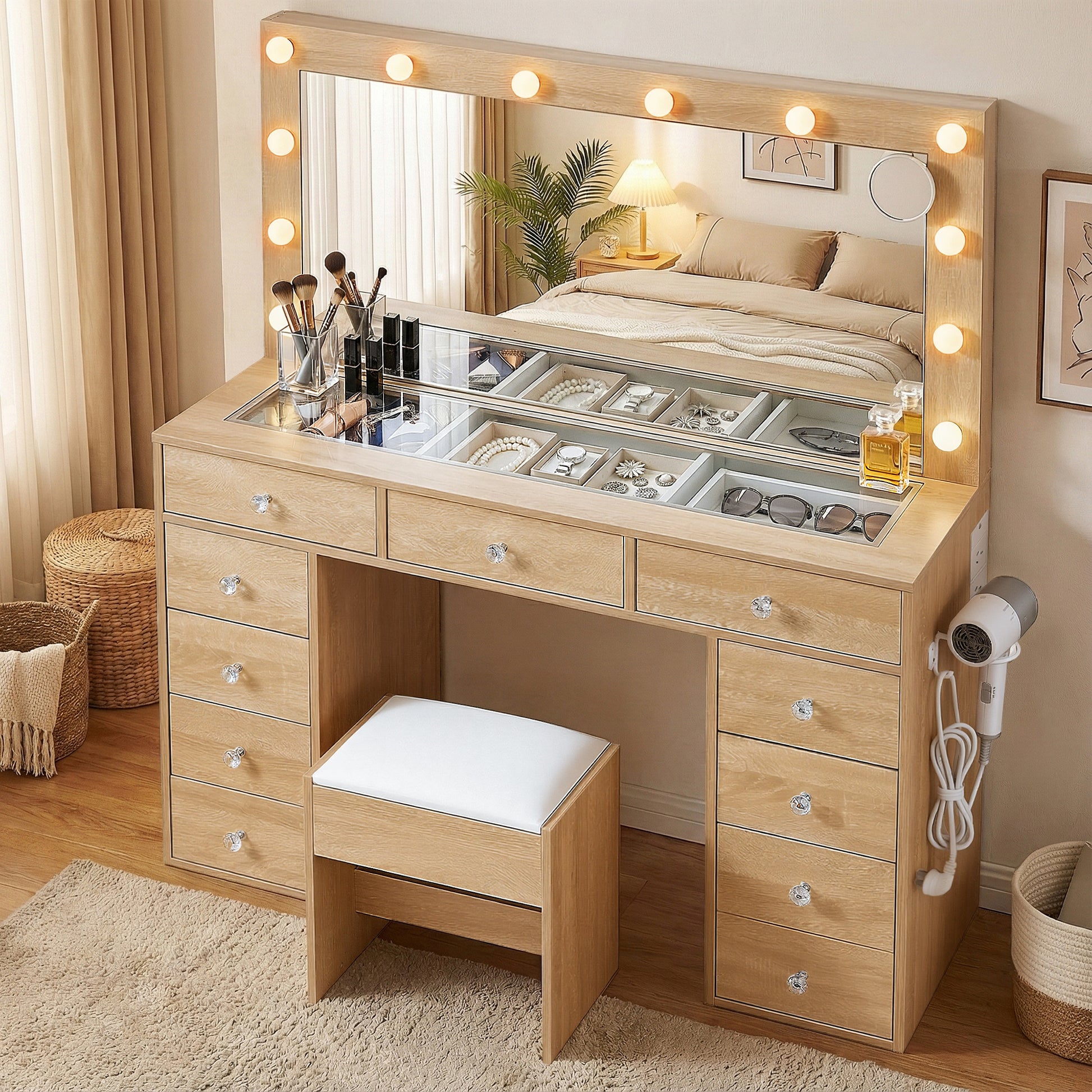 Artiss Dressing Table Vanity Desk Set Stool LED Bulbs Wood - Homecoze