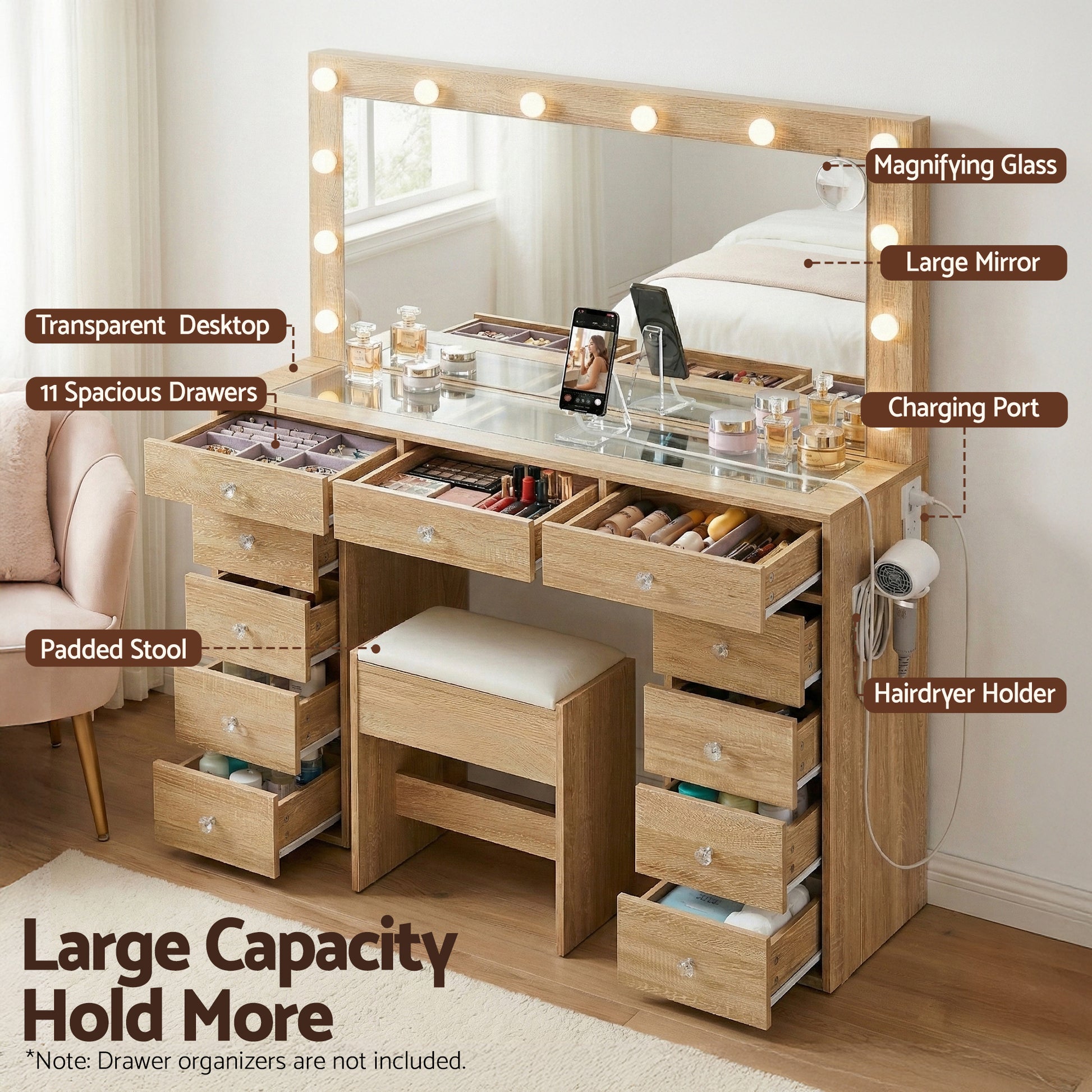 Artiss Dressing Table Vanity Desk Set Stool LED Bulbs Wood - Homecoze