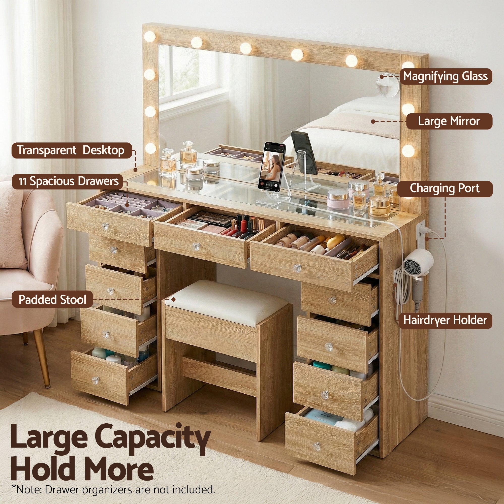 Artiss Dressing Table Vanity Desk Set Stool LED Bulbs Wood - Homecoze