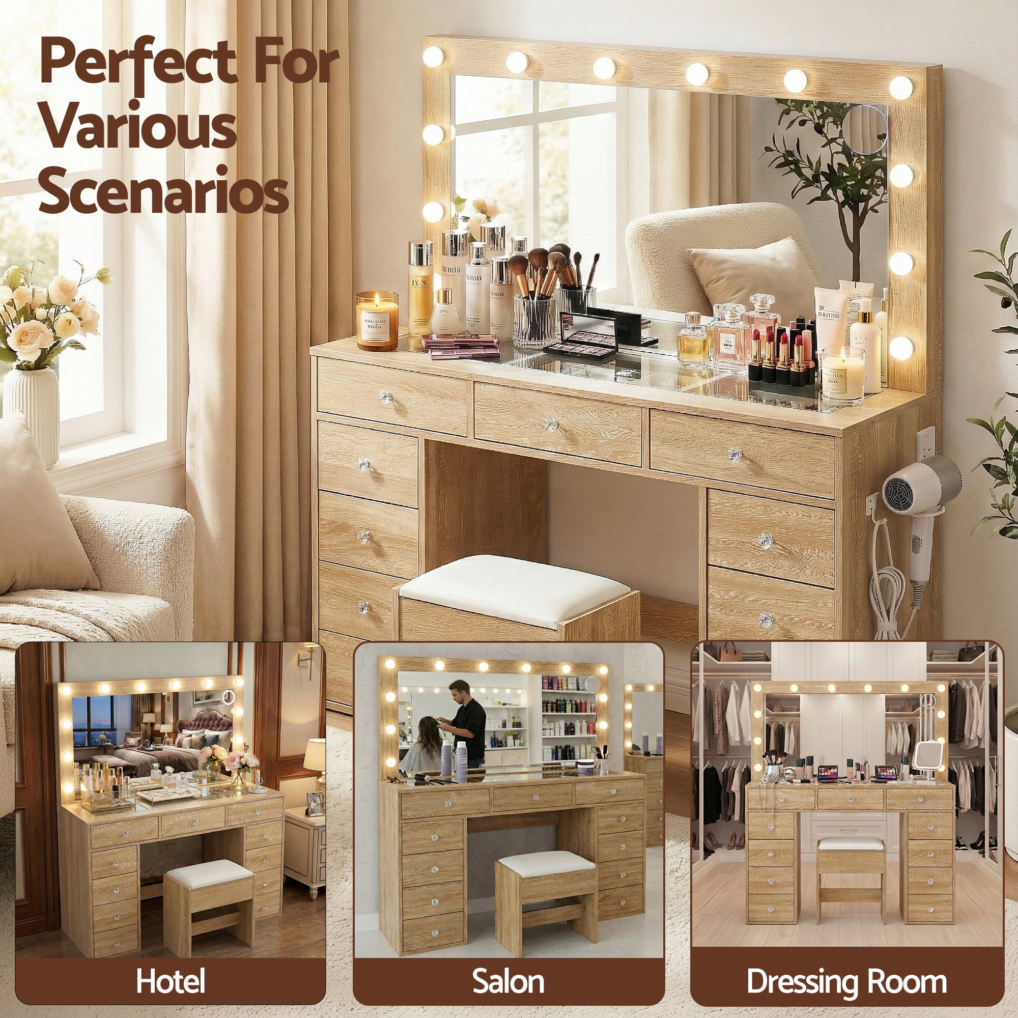 Artiss Dressing Table Vanity Desk Set Stool LED Bulbs Wood - Homecoze