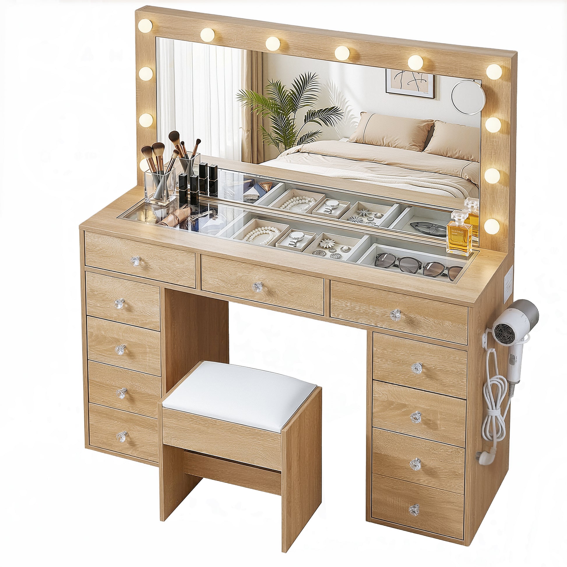 Artiss Dressing Table Vanity Desk Set Stool LED Bulbs Wood - Homecoze