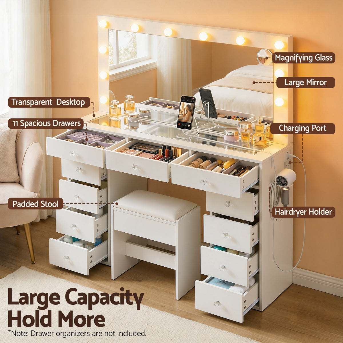 Rosella LED Dressing Table & Stool – White