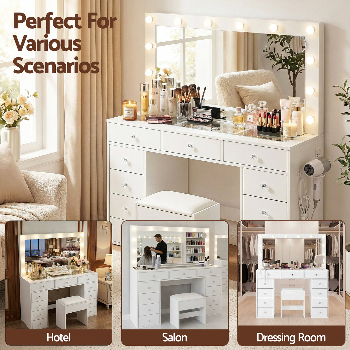 Rosella LED Dressing Table & Stool – White