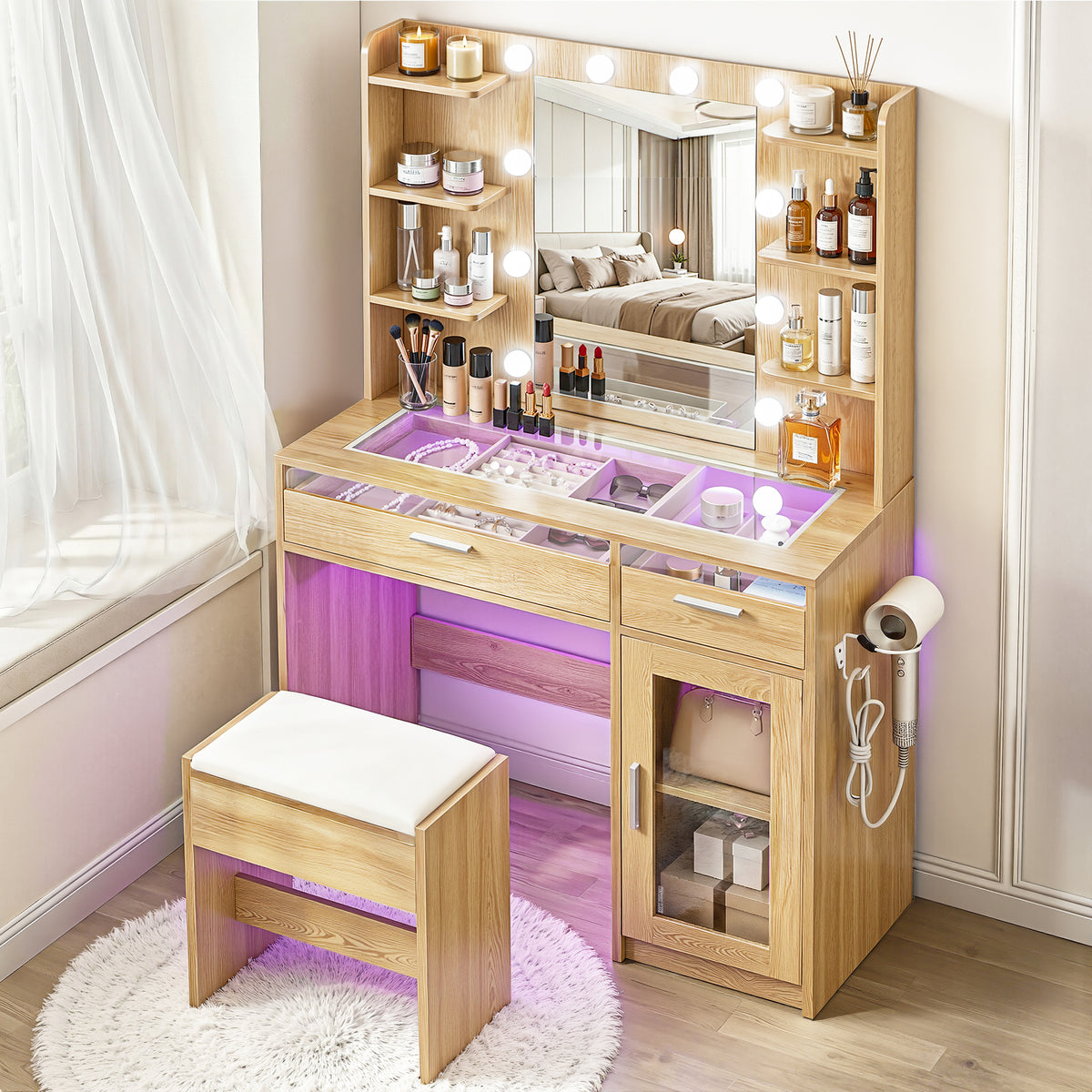 Artiss Dressing Table Vanity Desk Set 10 LED Bulbs RGB Light Wood - Homecoze