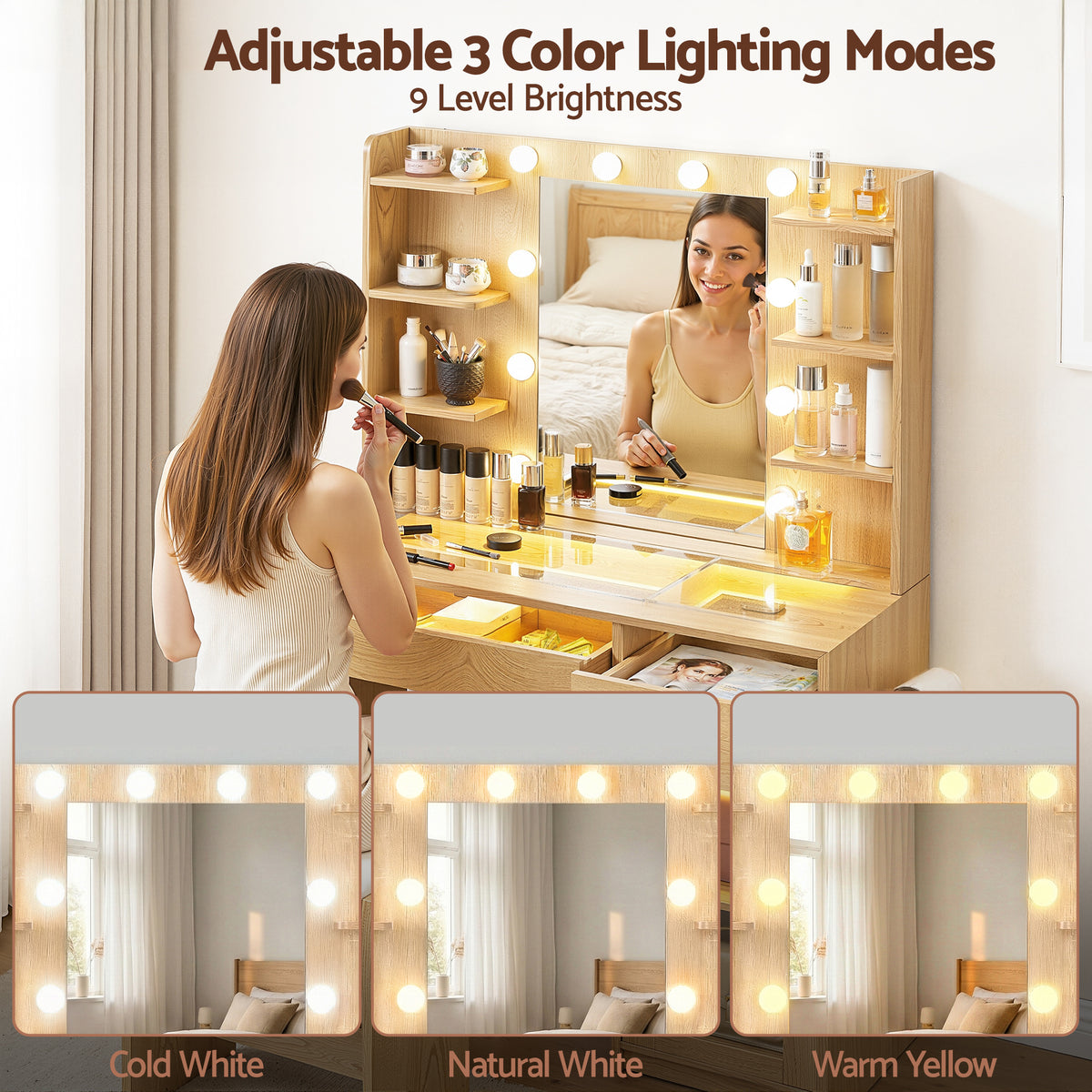 Artiss Dressing Table Vanity Desk Set 10 LED Bulbs RGB Light Wood - Homecoze