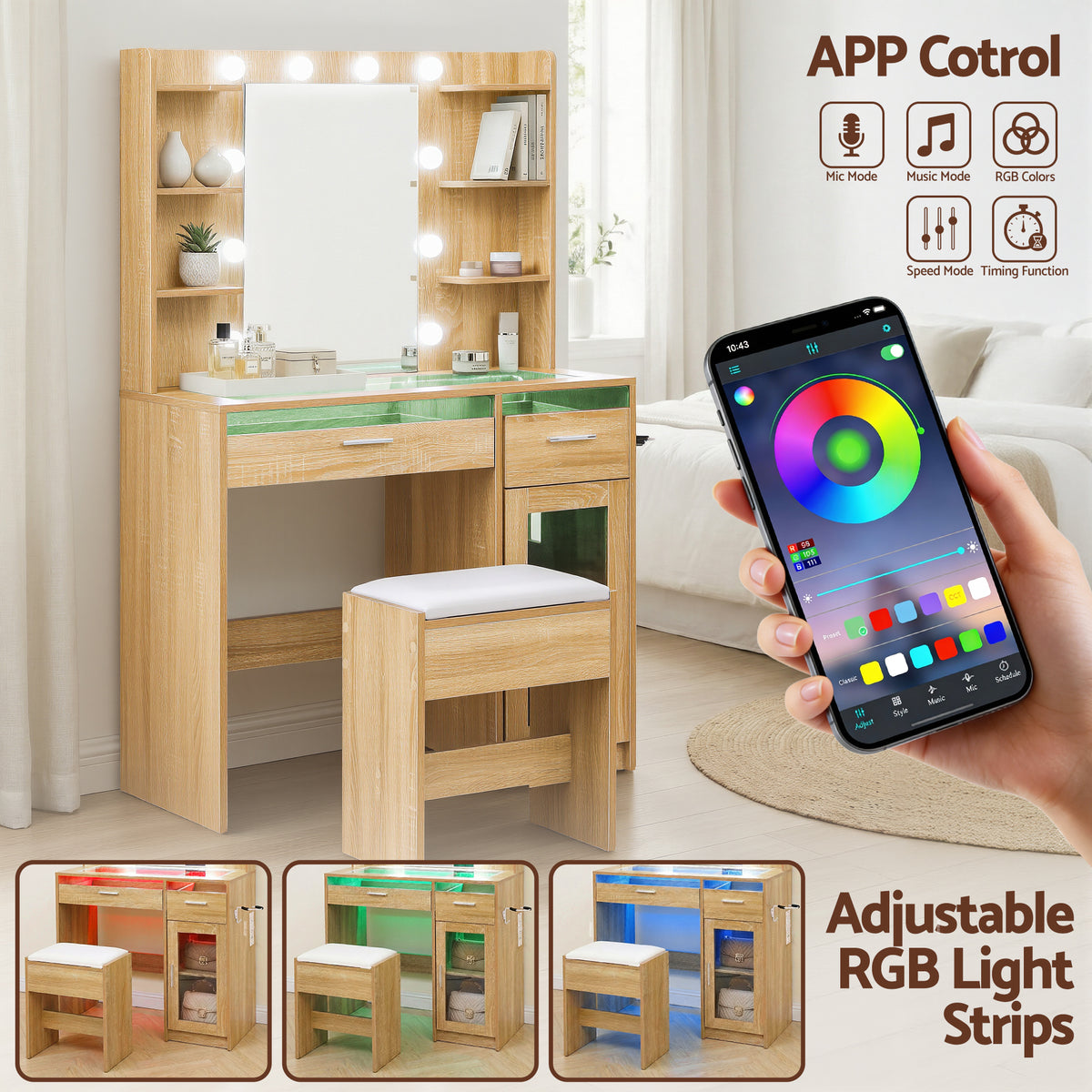 Artiss Dressing Table Vanity Desk Set 10 LED Bulbs RGB Light Wood - Homecoze