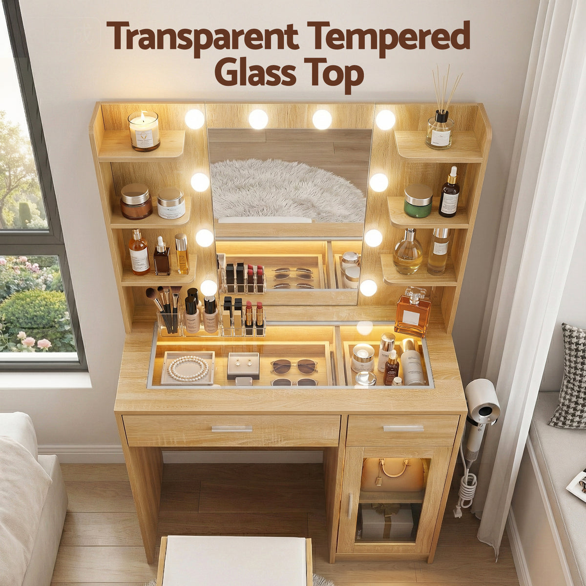 Artiss Dressing Table Vanity Desk Set 10 LED Bulbs RGB Light Wood - Homecoze