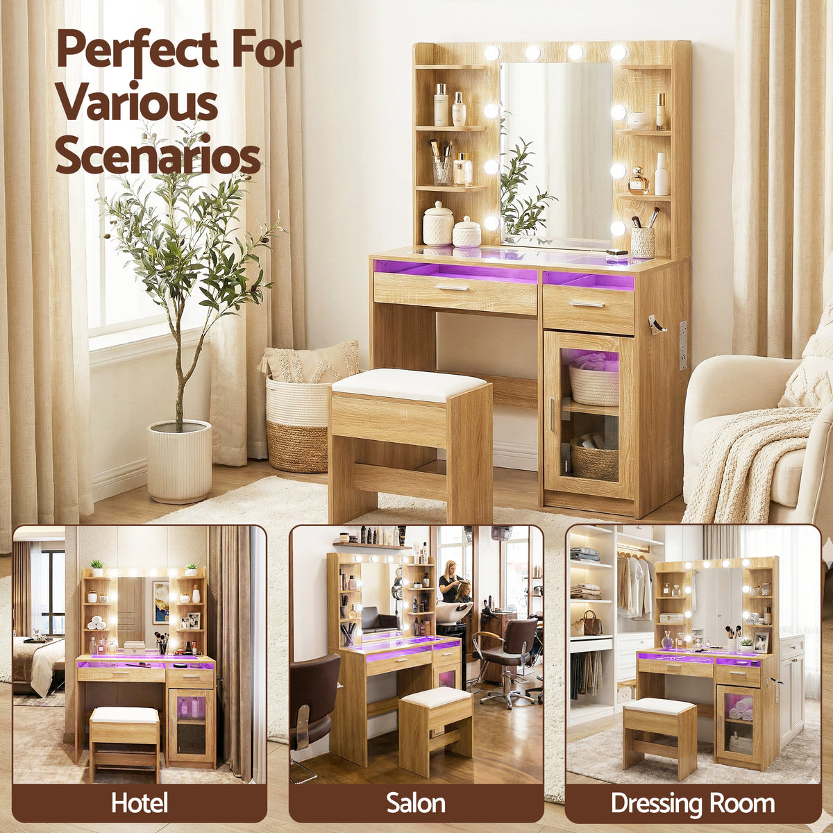 Artiss Dressing Table Vanity Desk Set 10 LED Bulbs RGB Light Wood - Homecoze