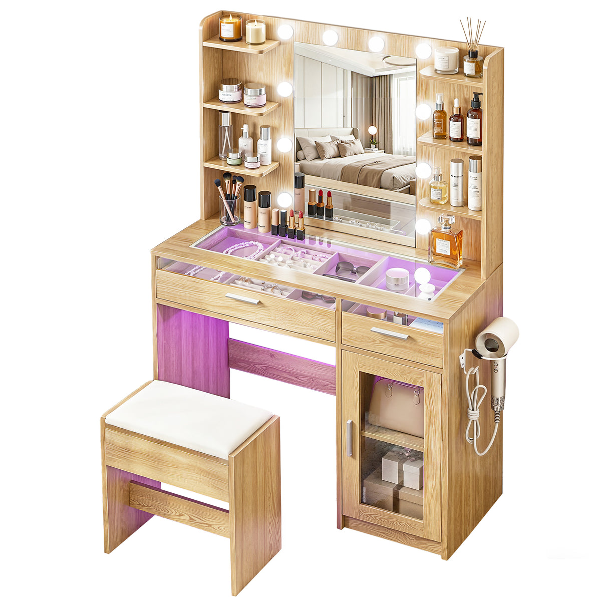 Artiss Dressing Table Vanity Desk Set 10 LED Bulbs RGB Light Wood - Homecoze