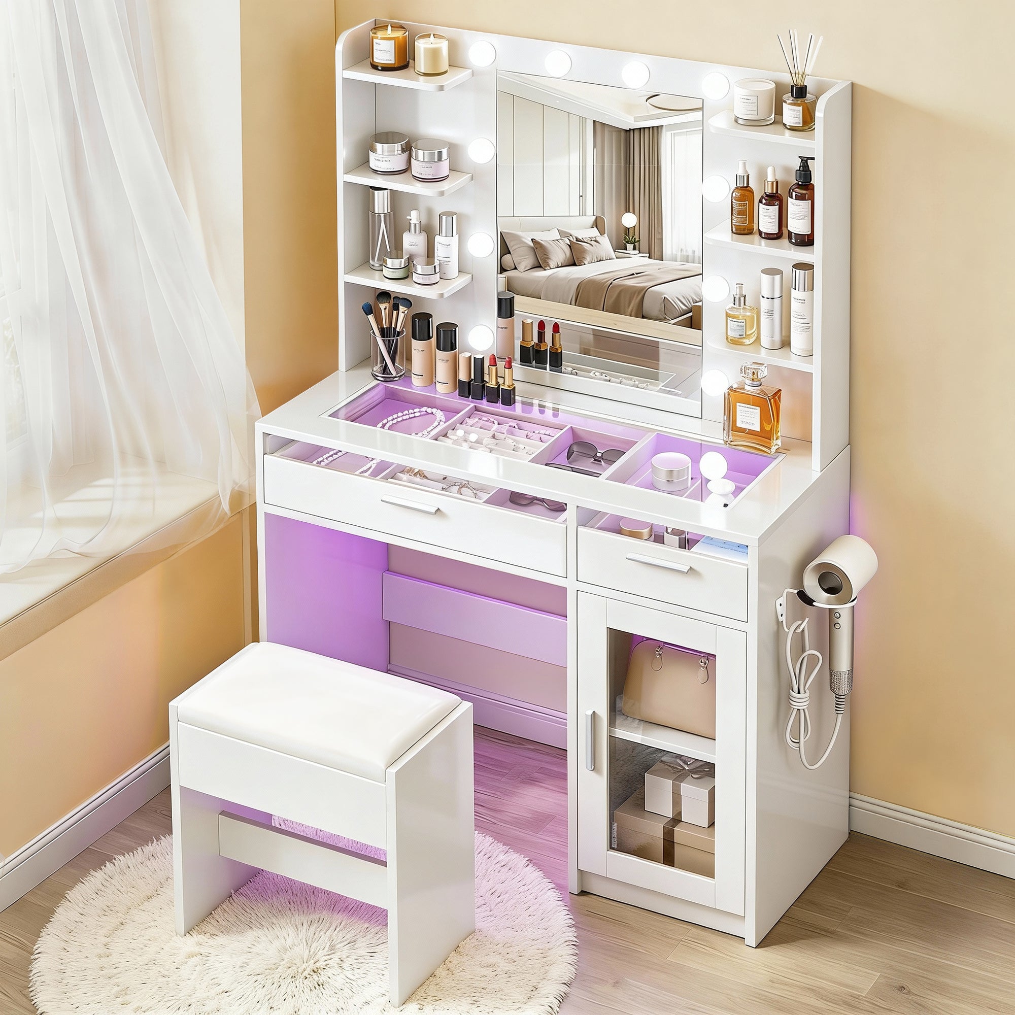 Artiss Dressing Table Vanity Desk Set 10 LED Bulbs RGB Light White - Homecoze