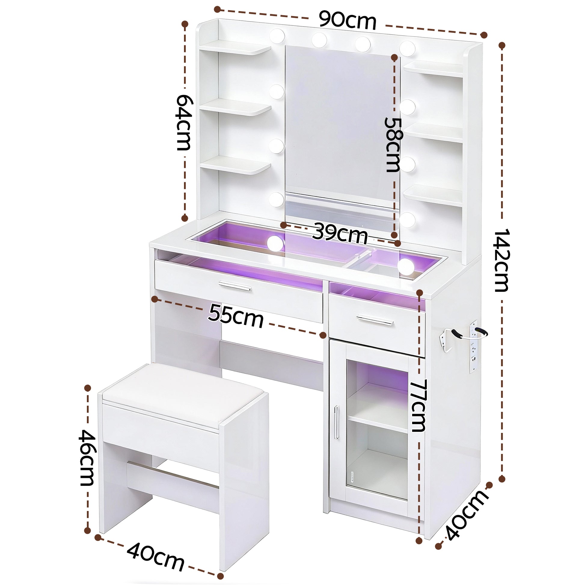 Artiss Dressing Table Vanity Desk Set 10 LED Bulbs RGB Light White - Homecoze