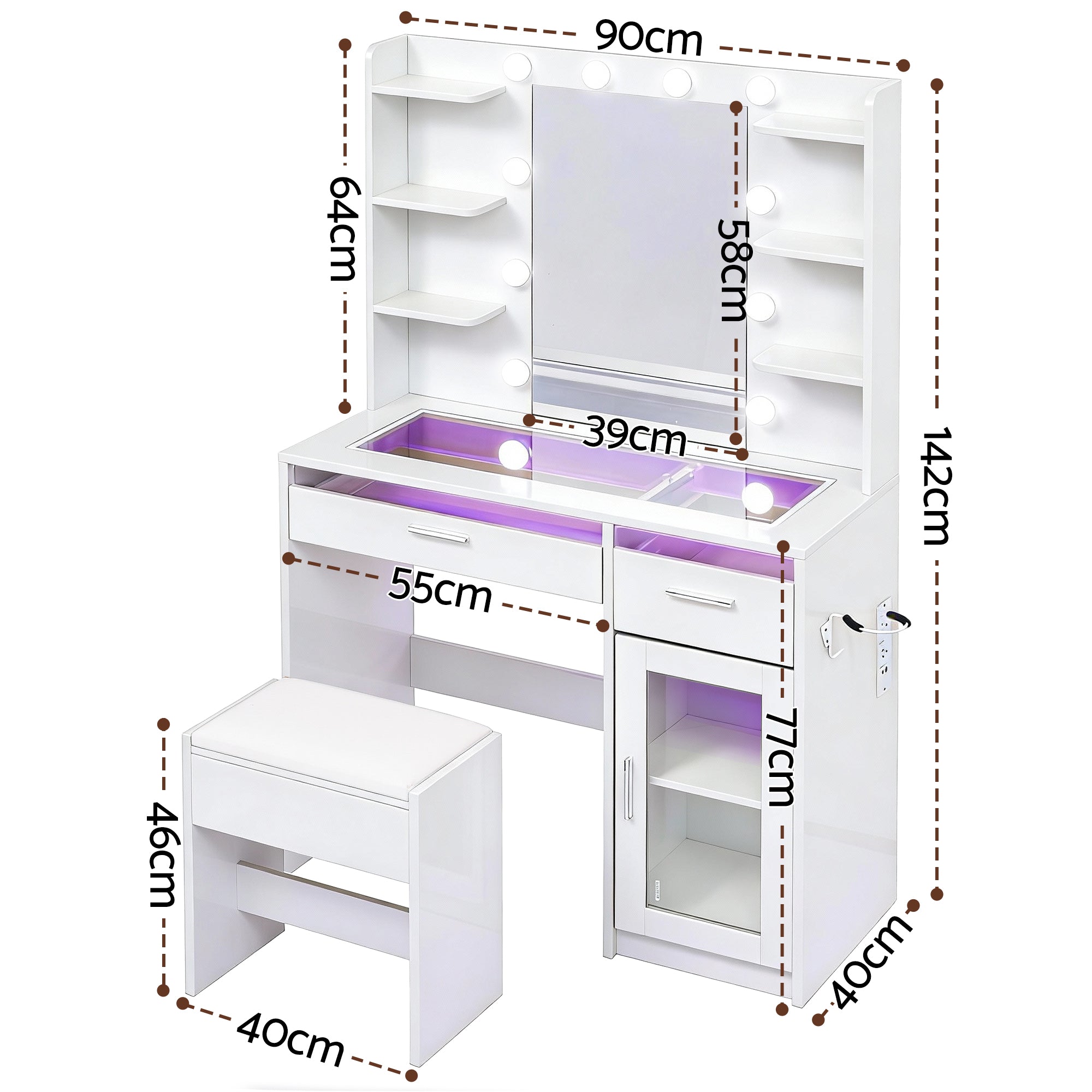 Artiss Dressing Table Vanity Desk Set 10 LED Bulbs RGB Light White - Homecoze